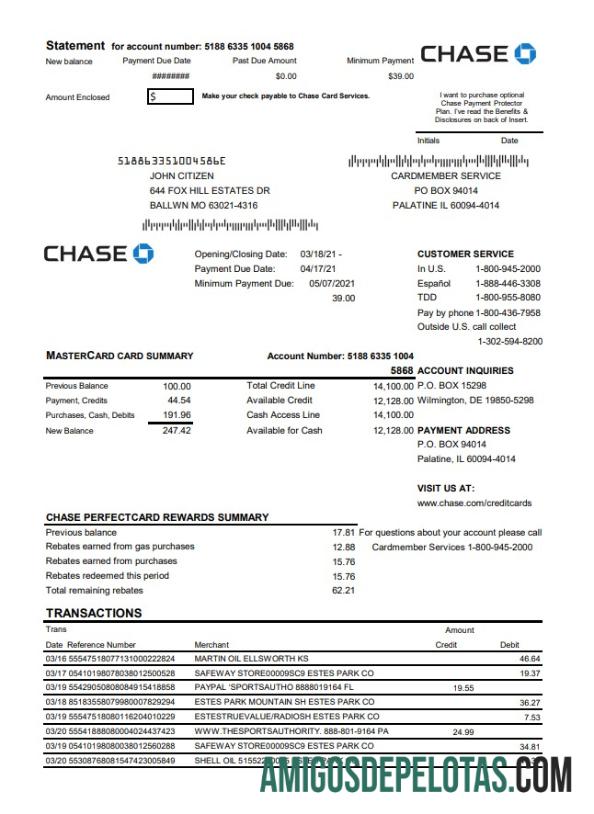 Modelo de extrato de cartão Mastercard do USA Chase Bank